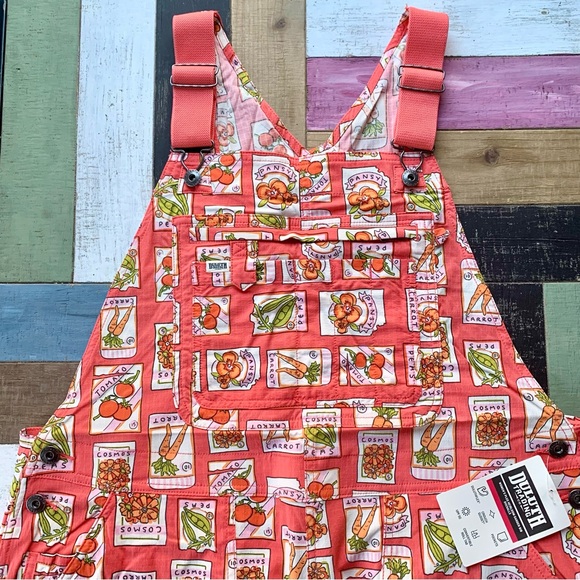 NWT Duluth 1X x31L Heirloom Gardening Bib Overalls Coral Seed Packets Farm Bibs - Picture 2 of 8